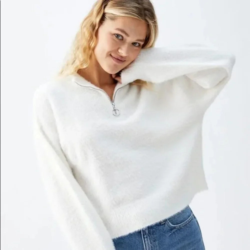 Princess Polly Fuzzy Soft Knit Quarter Zip Pullover Sweater White Size XS/Small